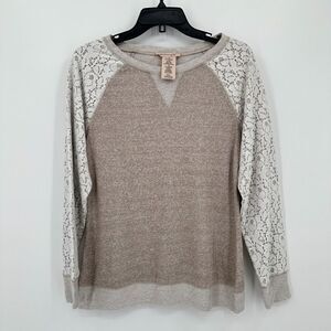 Philosophy Sweater Women M Gray White Floral Lace Sleeve Minimalist Neutral Boho